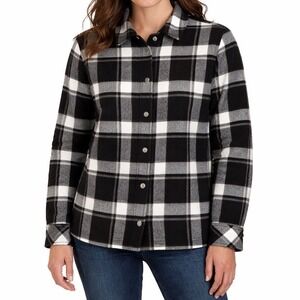 ORVIS Women's XXL Black White Plaid Flannel Shacket Fleece Lined Outdoor Jacket